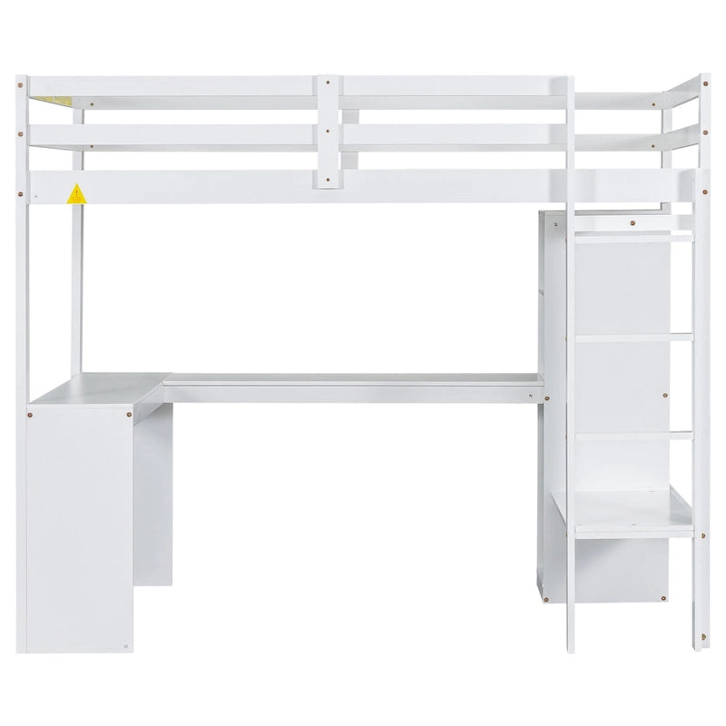 Lit mezzanine double en bois avec bureau en L, armoire et rangement