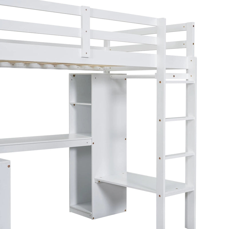 Lit mezzanine double en bois avec bureau en L, armoire et rangement