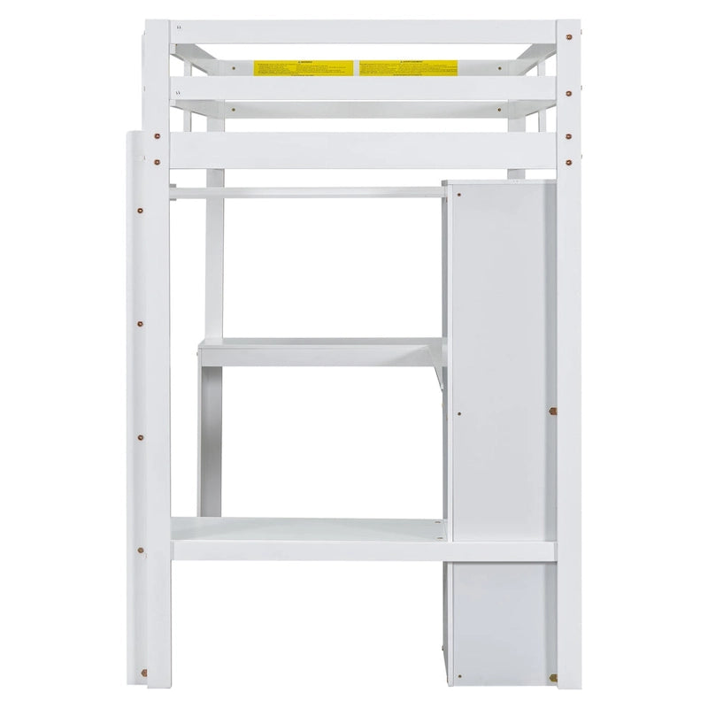Lit mezzanine double en bois avec bureau en L, armoire et rangement