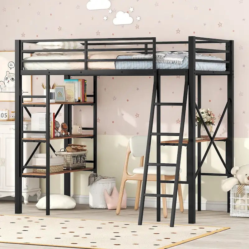 Lit mezzanine en métal pour lit simple avec bureau intégré et étagères à 3 niveaux