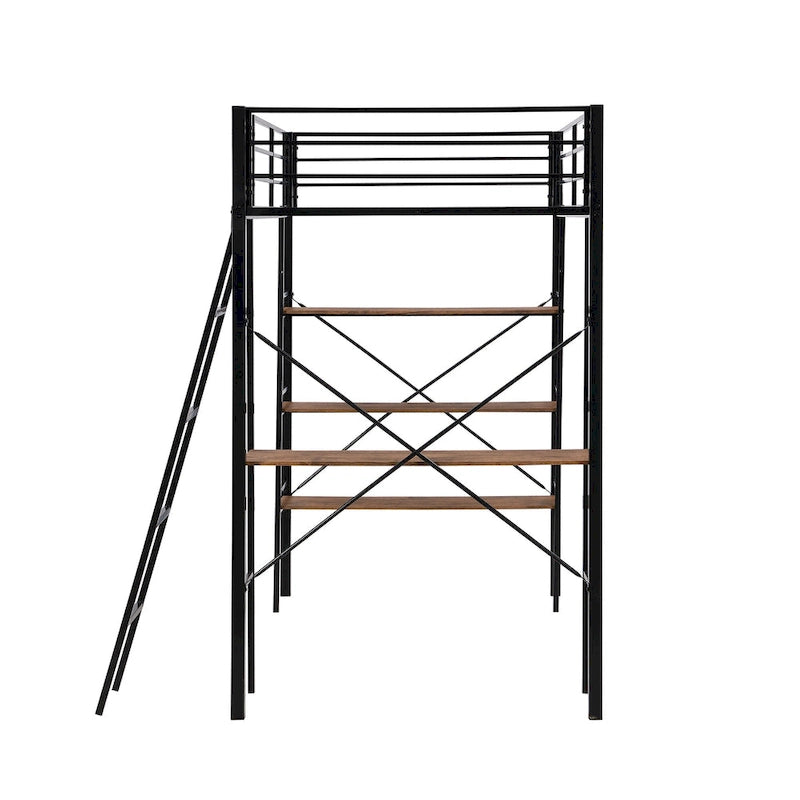 Lit mezzanine en métal pour lit simple avec bureau intégré et étagères à 3 niveaux