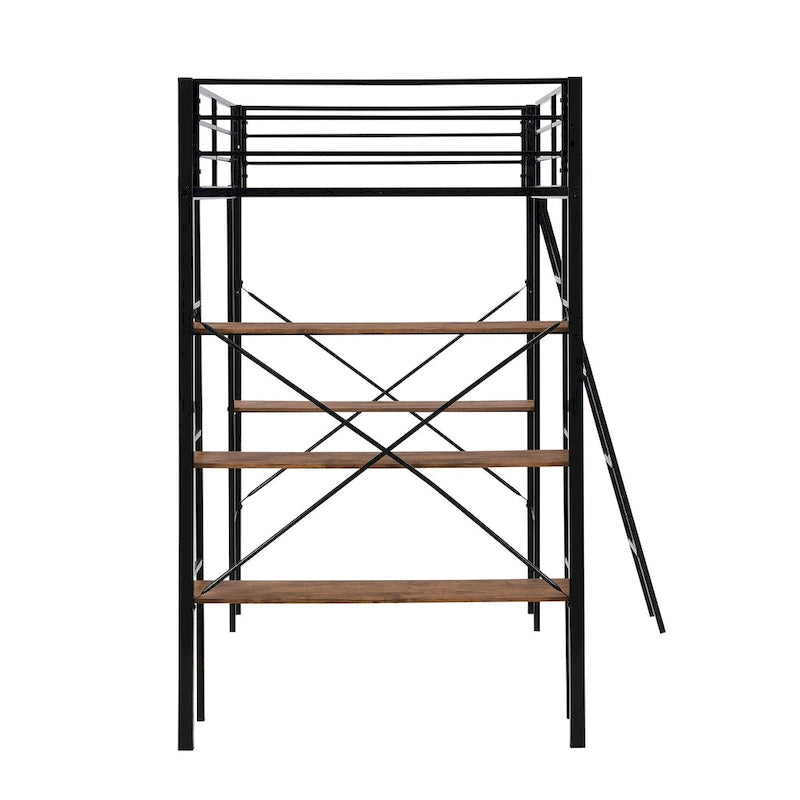 Lit mezzanine en métal pour lit simple avec bureau intégré et étagères à 3 niveaux