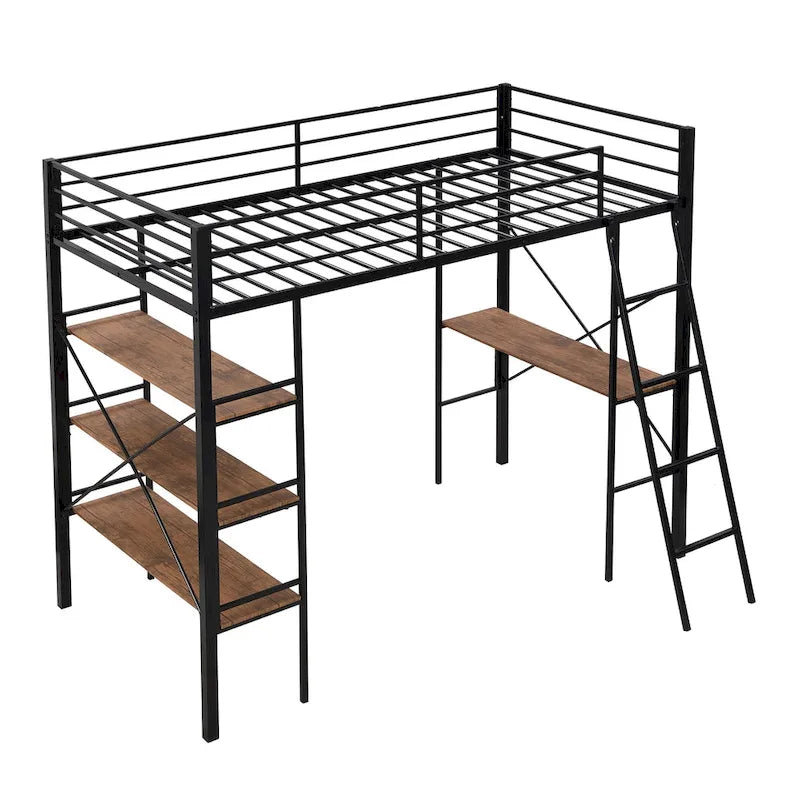 Lit mezzanine en métal pour lit simple avec bureau intégré et étagères à 3 niveaux