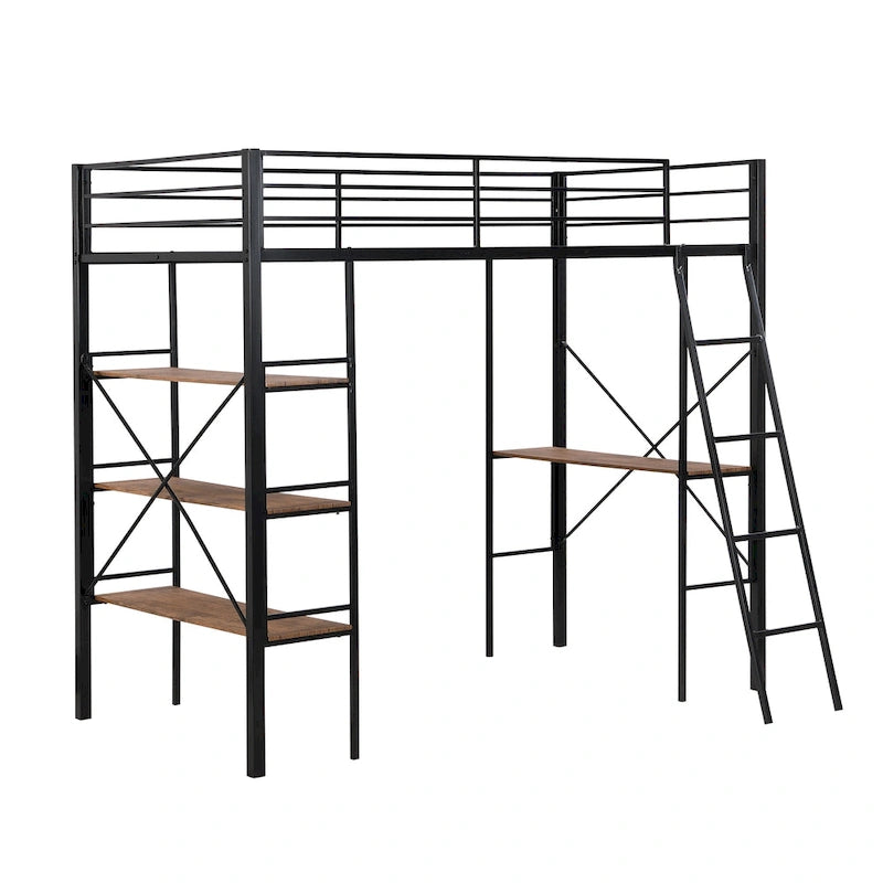 Lit mezzanine en métal pour lit simple avec bureau intégré et étagères à 3 niveaux