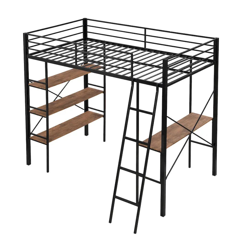 Lit mezzanine en métal pour lit simple avec bureau intégré et étagères à 3 niveaux