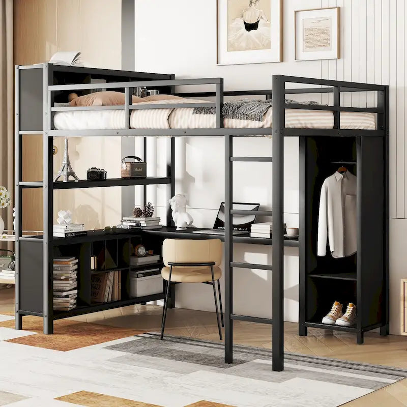 Lit mezzanine en métal noir pleine grandeur avec armoire, bureau en L et étagères de rangement