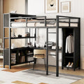 Lit mezzanine en métal noir pleine grandeur avec armoire, bureau en L et étagères de rangement
