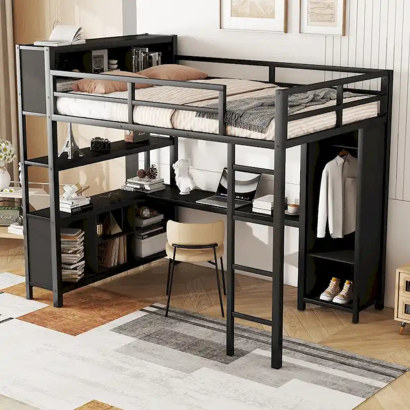 Lit mezzanine en métal noir pleine grandeur avec armoire, bureau en L et étagères de rangement