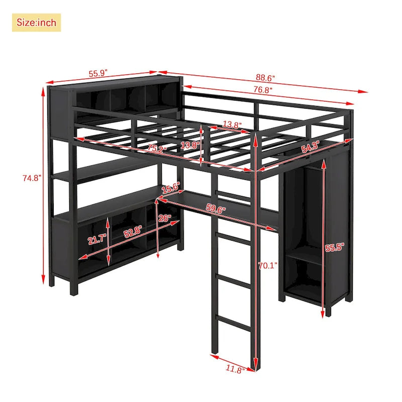 Lit mezzanine en métal noir pleine grandeur avec armoire, bureau en L et étagères de rangement