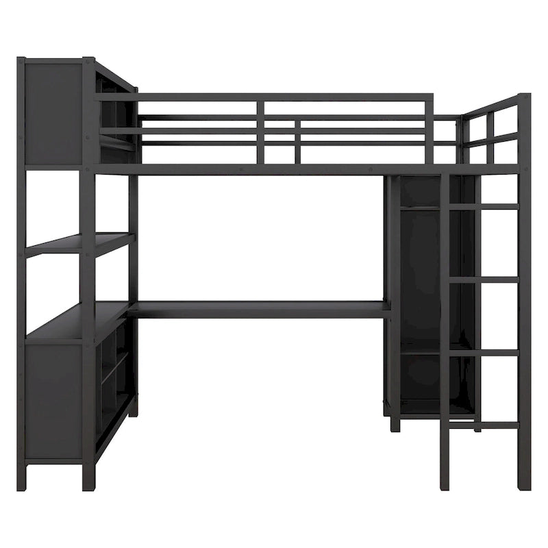 Lit mezzanine en métal noir pleine grandeur avec armoire, bureau en L et étagères de rangement