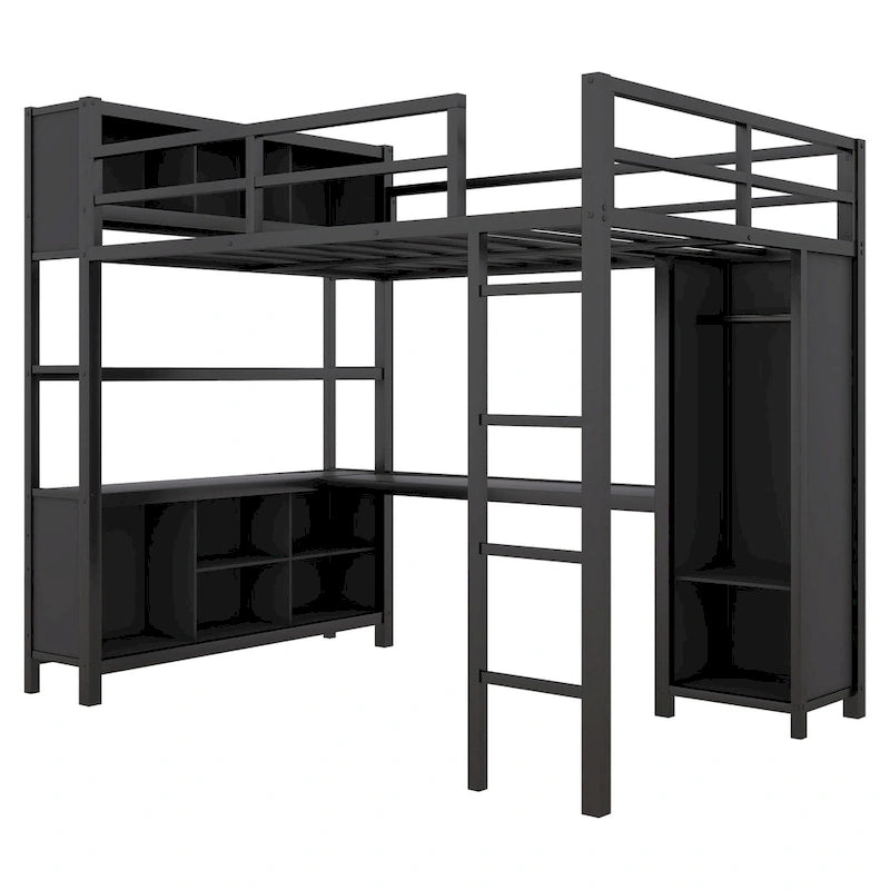 Lit mezzanine en métal noir pleine grandeur avec armoire, bureau en L et étagères de rangement