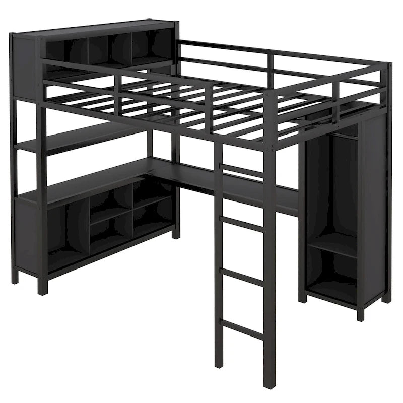 Lit mezzanine en métal noir pleine grandeur avec armoire, bureau en L et étagères de rangement