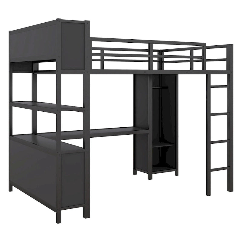 Lit mezzanine en métal noir pleine grandeur avec armoire, bureau en L et étagères de rangement
