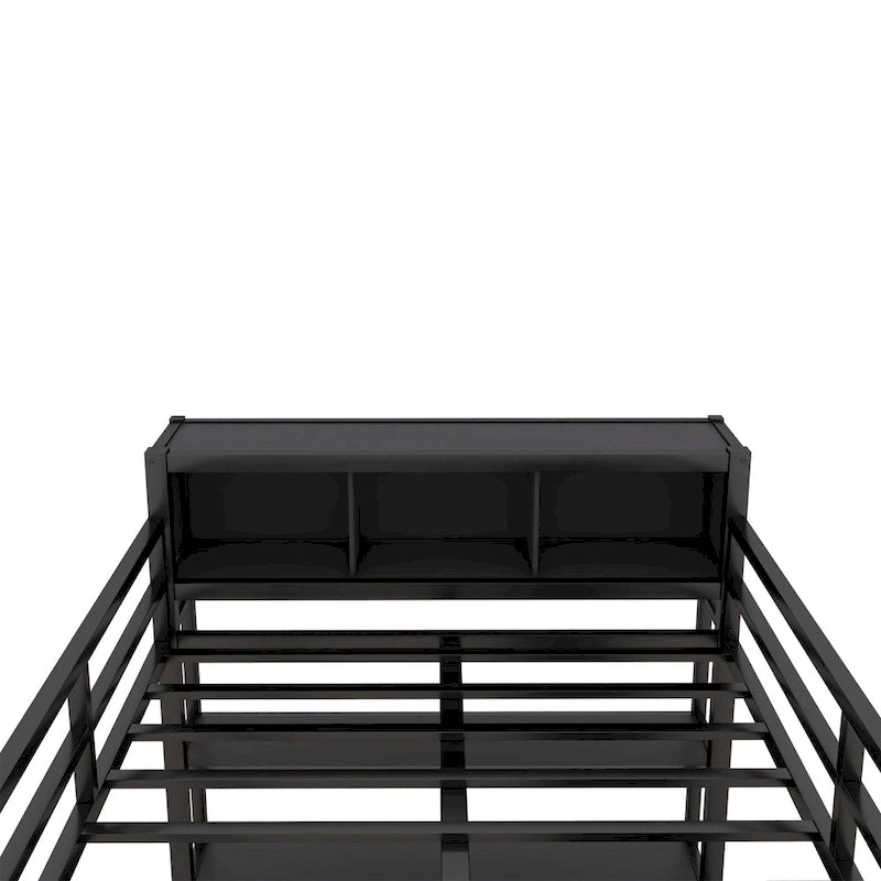 Lit mezzanine en métal noir pleine grandeur avec armoire, bureau en L et étagères de rangement