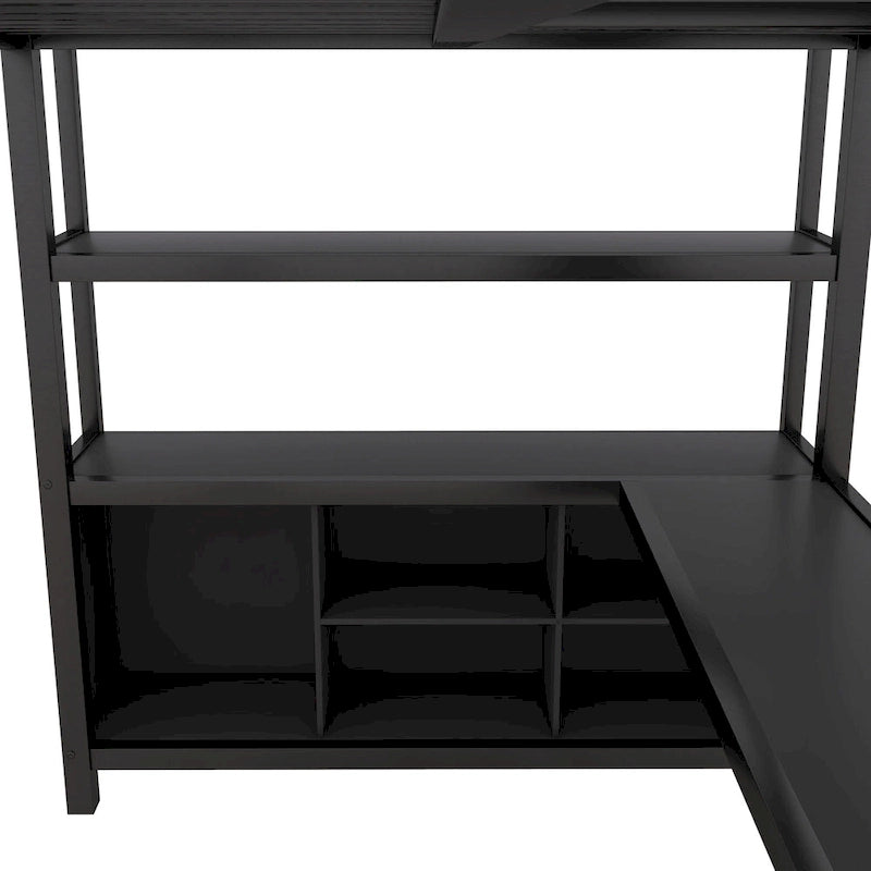 Lit mezzanine en métal noir pleine grandeur avec armoire, bureau en L et étagères de rangement