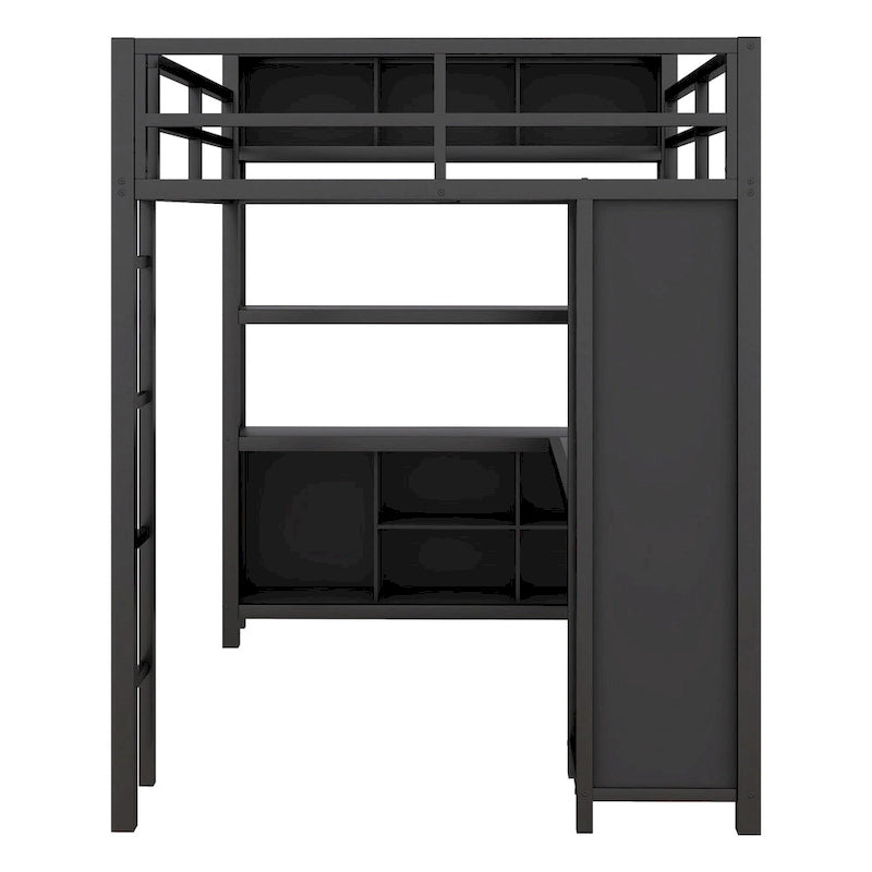 Lit mezzanine en métal noir pleine grandeur avec armoire, bureau en L et étagères de rangement