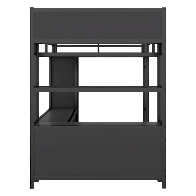 Lit mezzanine en métal noir pleine grandeur avec armoire, bureau en L et étagères de rangement