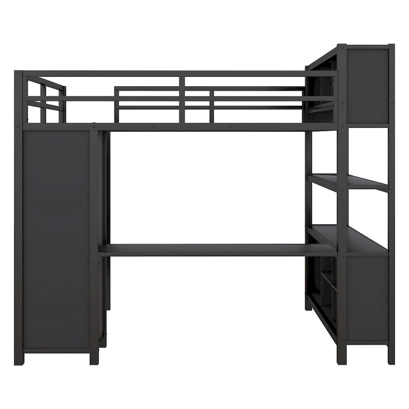 Lit mezzanine en métal noir pleine grandeur avec armoire, bureau en L et étagères de rangement