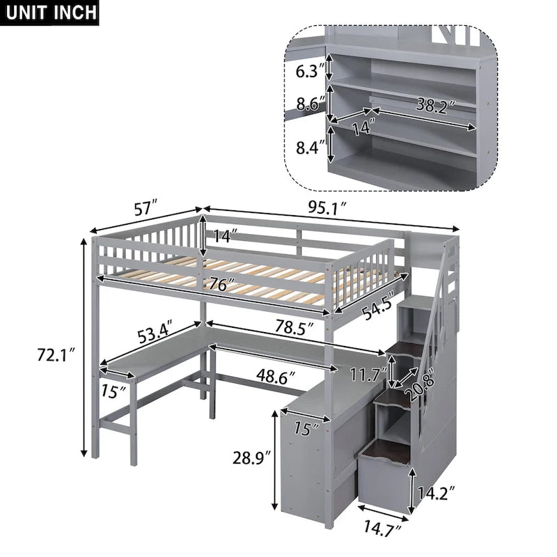 Lit mezzanine pleine grandeur en pin avec bureau en L, étagères et escalier de rangement