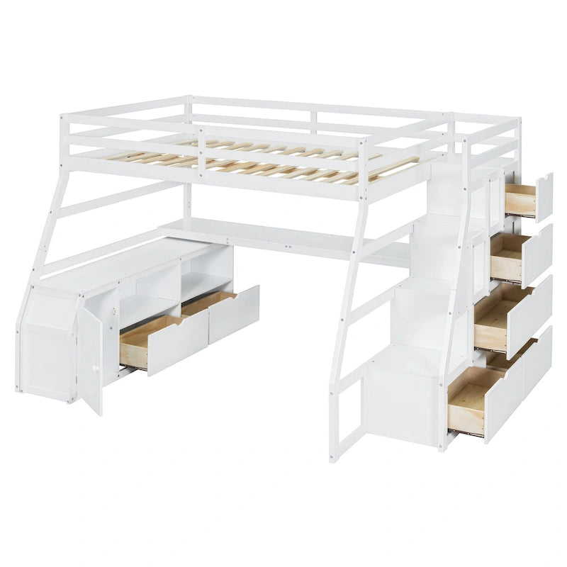 Lit mezzanine en pin pleine grandeur avec clôture, bureau et rangements