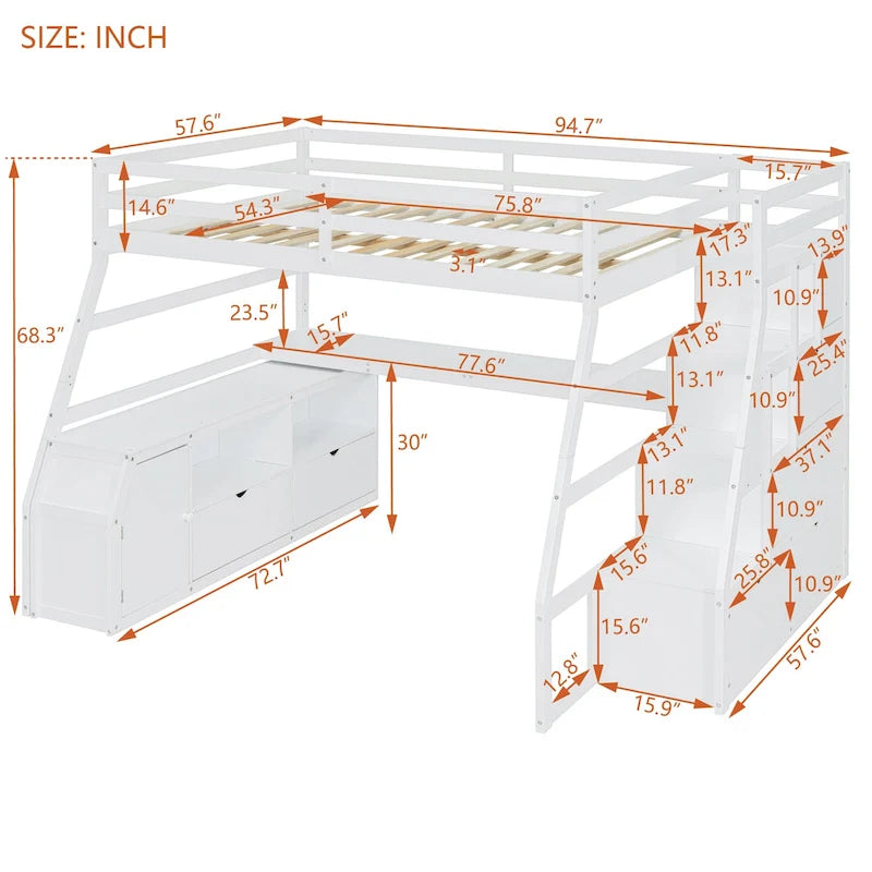 Lit mezzanine en pin pleine grandeur avec clôture, bureau et rangements