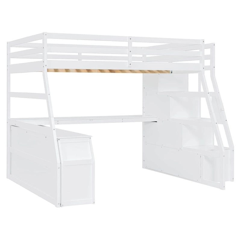 Lit mezzanine en pin pleine grandeur avec clôture, bureau et rangements