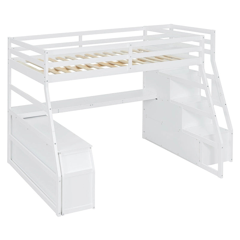 Lit mezzanine en pin pleine grandeur avec clôture, bureau et rangements