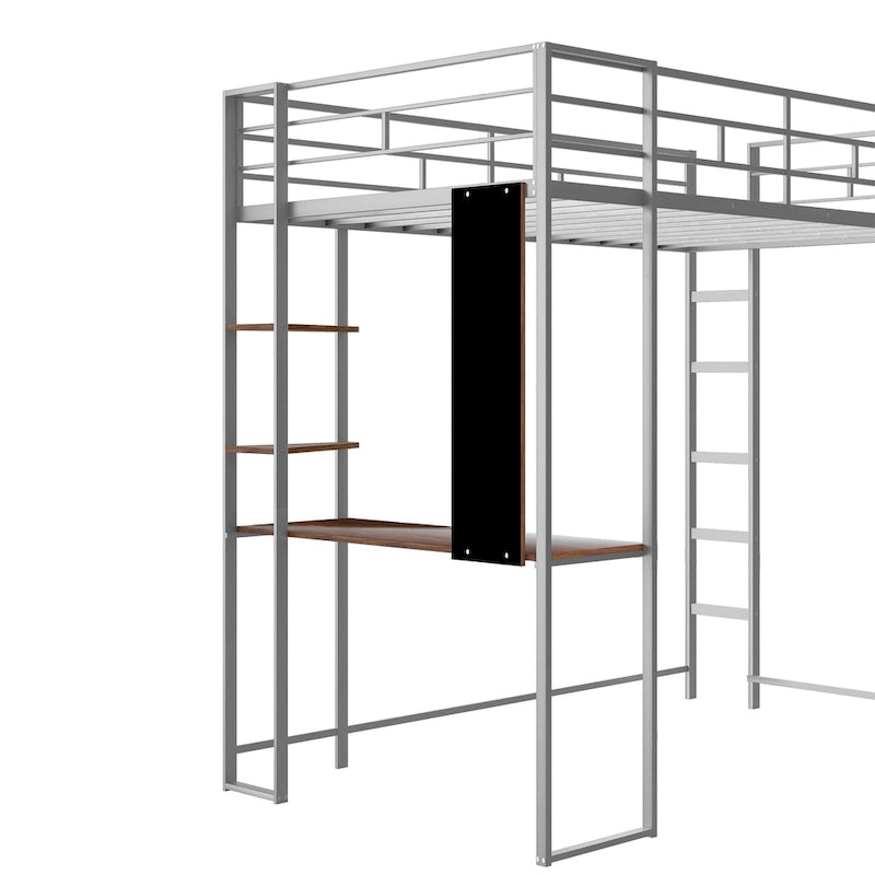 Silver Twin Size Metal Loft Bed with Ladder, Fence, Shelves, and Desk
