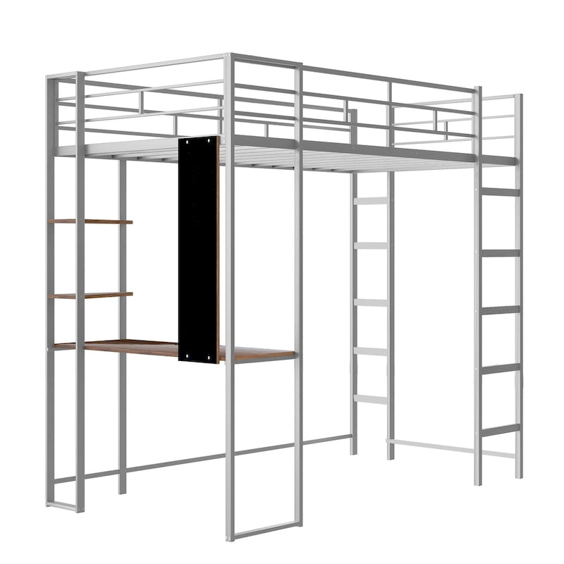 Lit mezzanine simple en métal avec échelle, barrières de sécurité, étagères et bureau