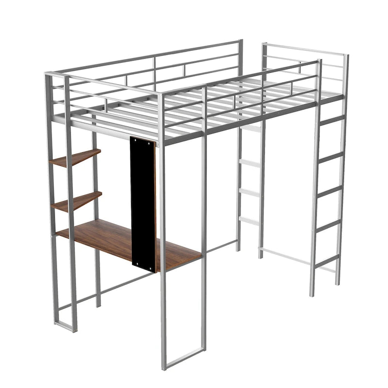 Lit mezzanine simple en métal avec échelle, barrières de sécurité, étagères et bureau