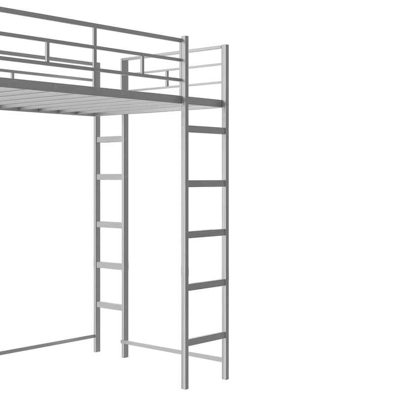 Lit mezzanine simple en métal avec échelle, barrières de sécurité, étagères et bureau