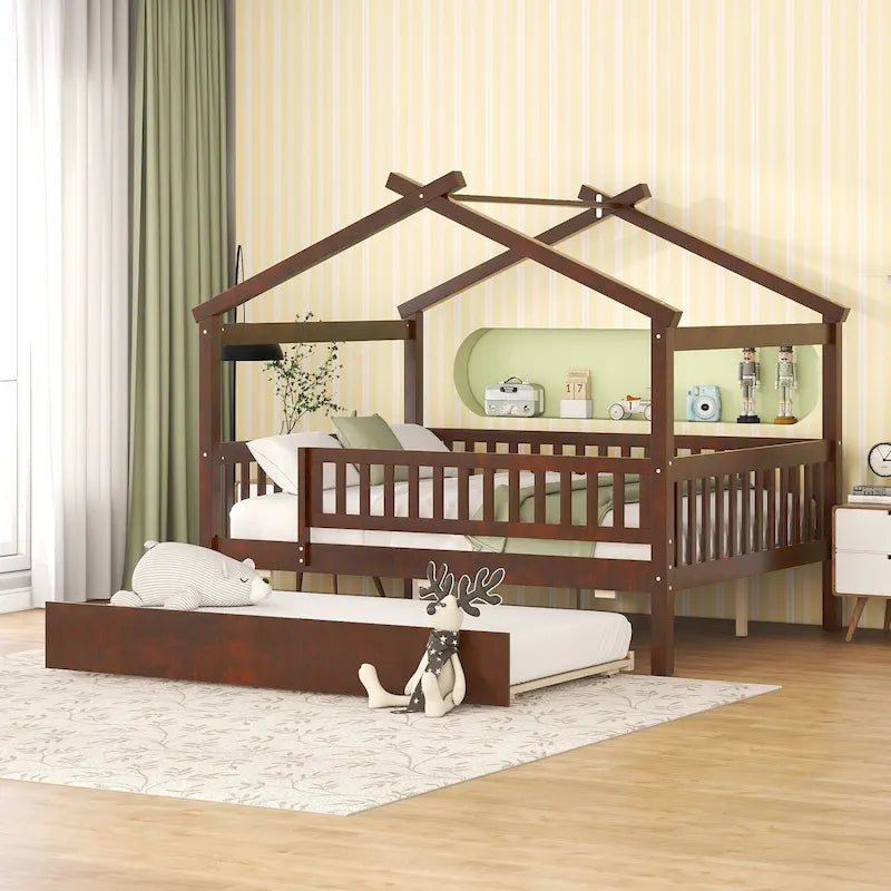 Lit cabane en pin pleine taille avec lit gigogne double