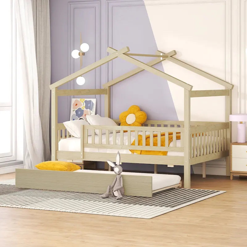 Lit cabane en pin pleine taille avec lit gigogne double