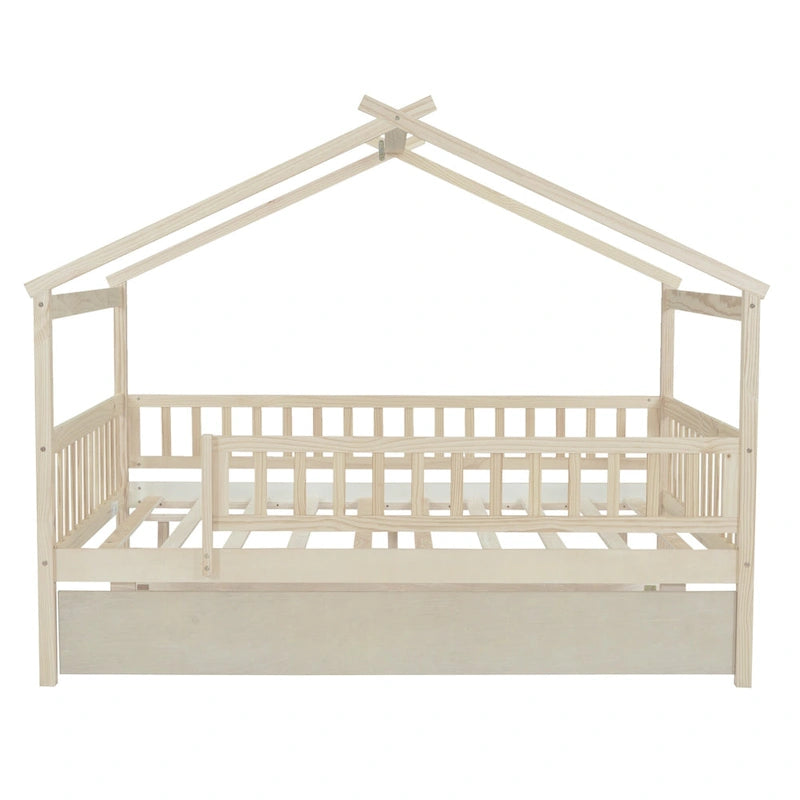 Lit cabane en pin pleine taille avec lit gigogne double