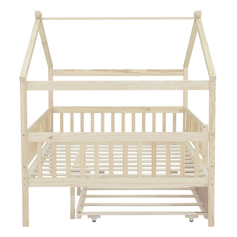 Lit cabane en pin pleine taille avec lit gigogne double
