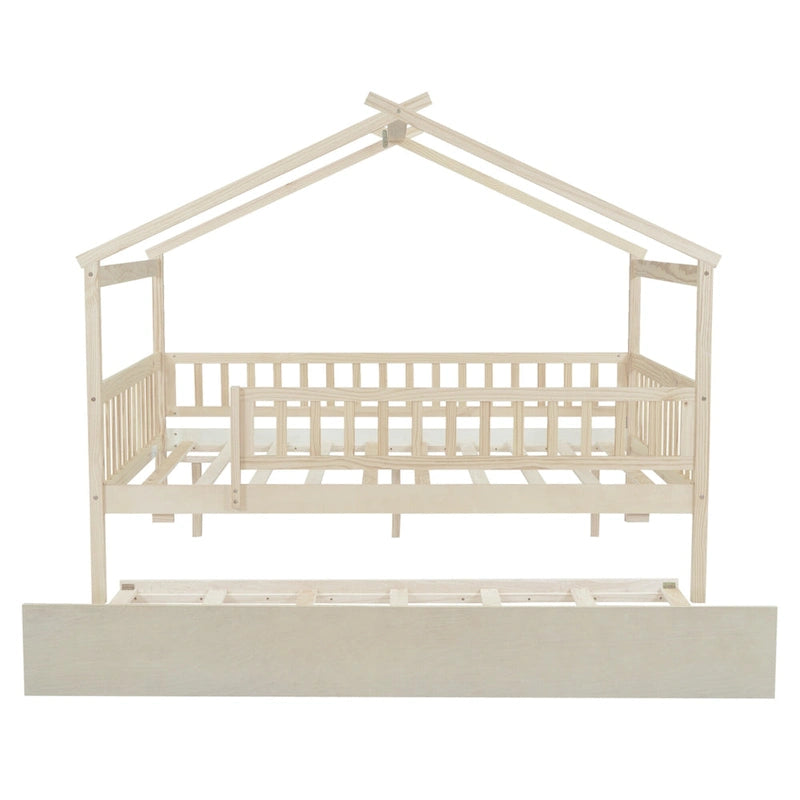 Lit cabane en pin pleine taille avec lit gigogne double
