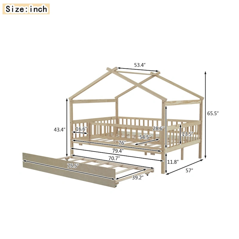 Lit cabane en pin pleine taille avec lit gigogne double
