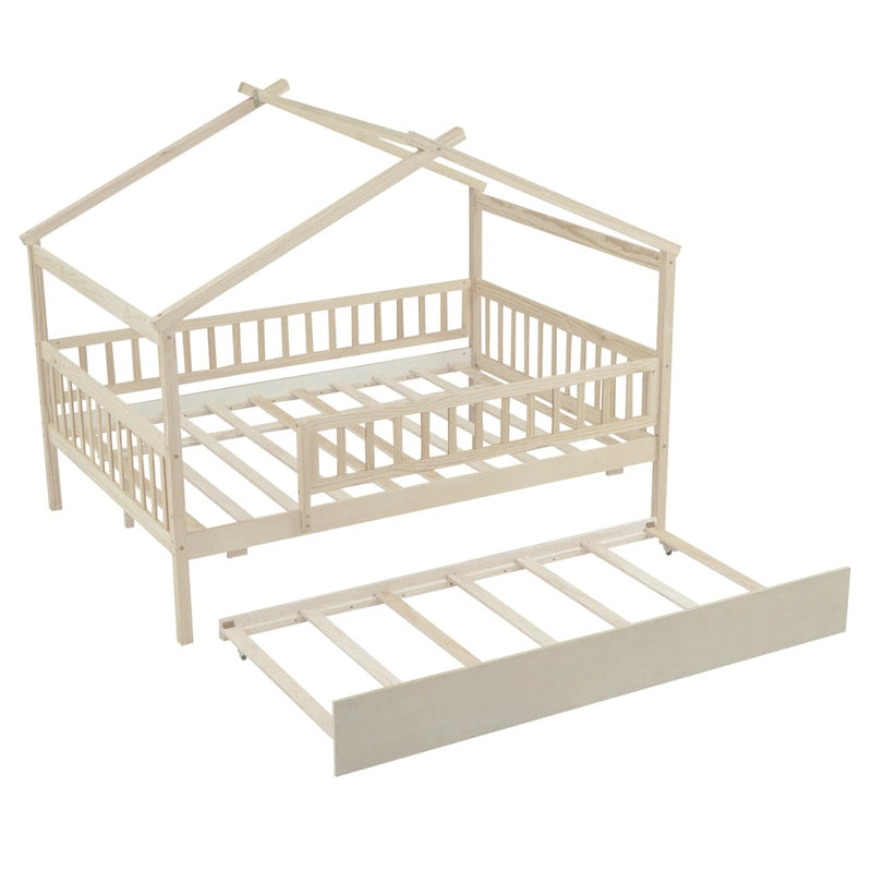 Lit cabane en pin pleine taille avec lit gigogne double