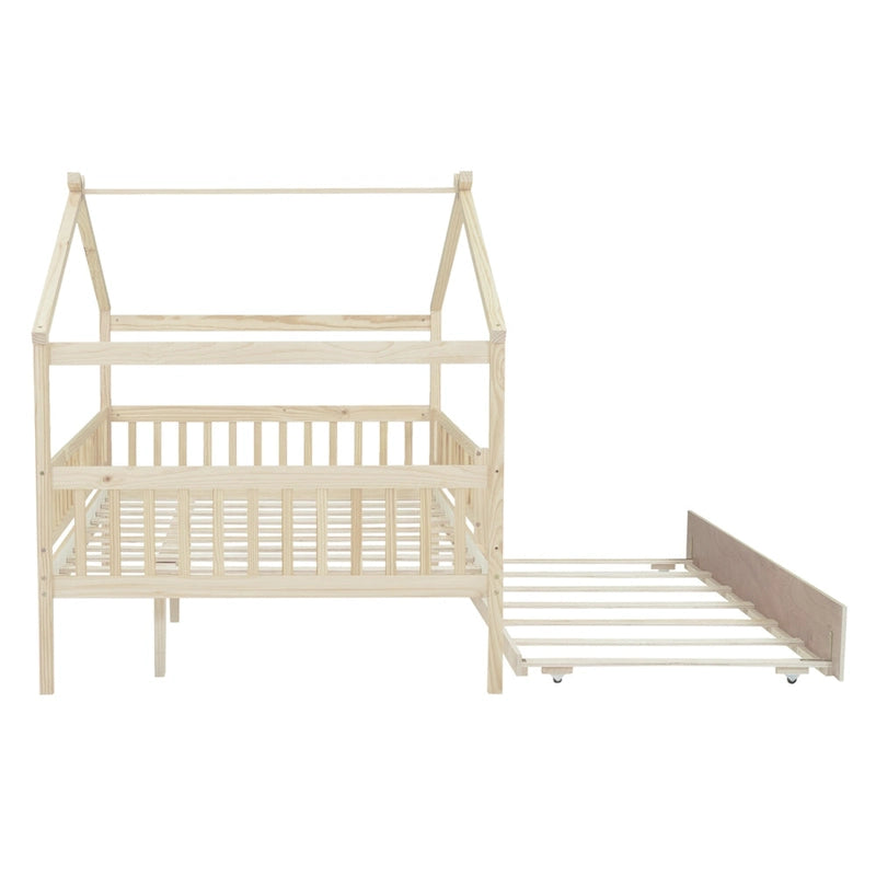Lit cabane en pin pleine taille avec lit gigogne double
