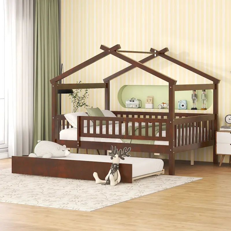 Lit cabane en pin pleine taille avec lit gigogne double