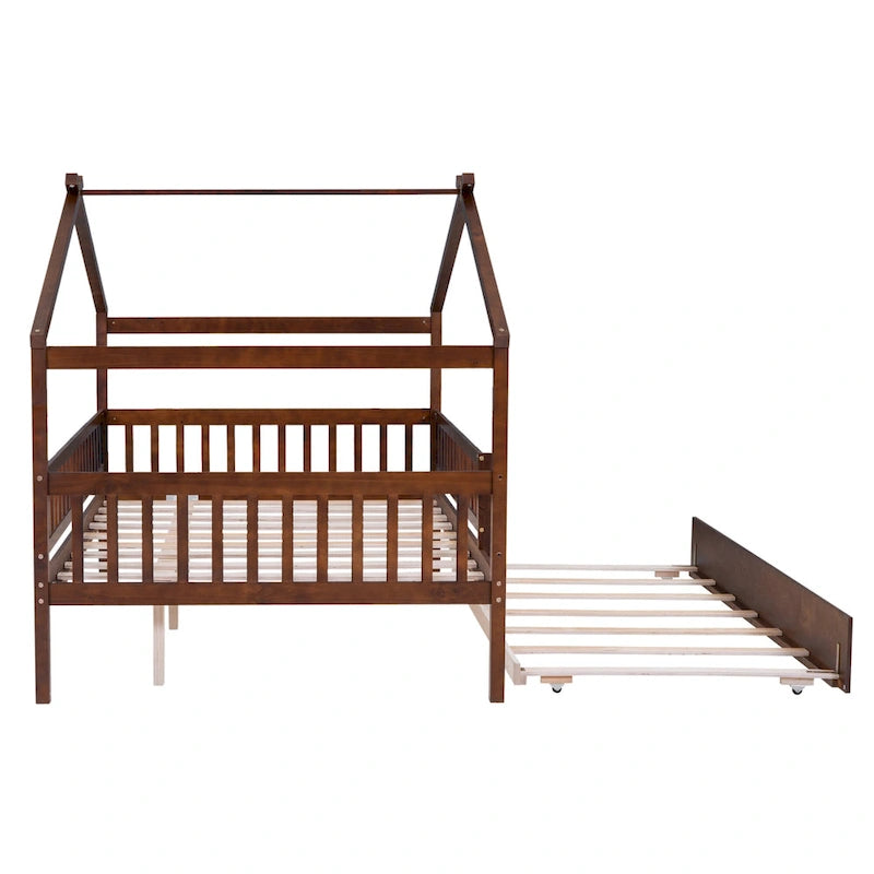 Lit cabane en pin pleine taille avec lit gigogne double