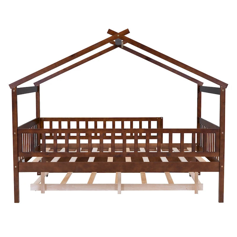 Lit cabane en pin pleine taille avec lit gigogne double
