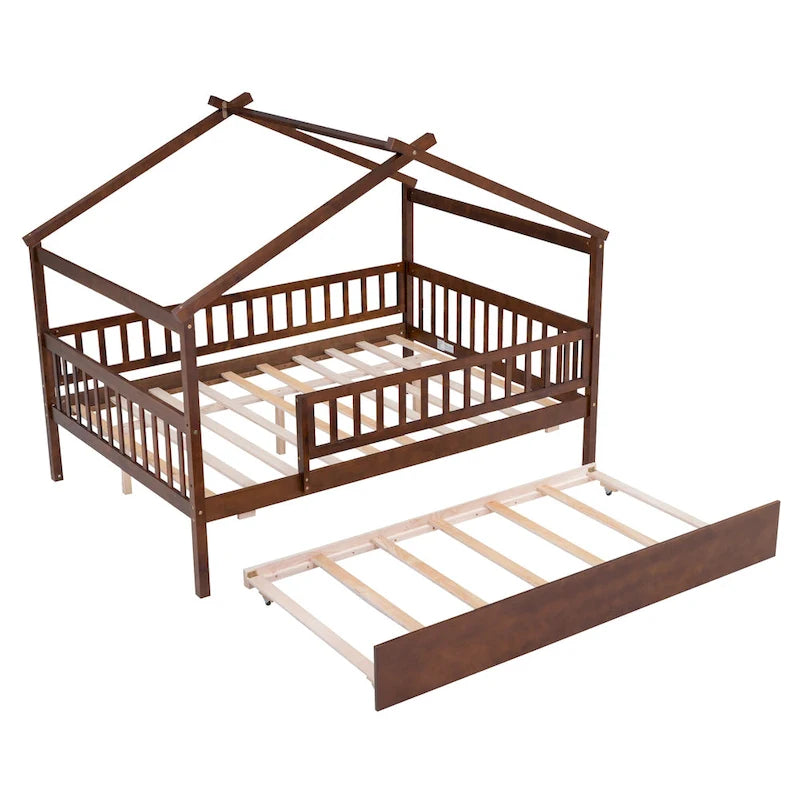 Lit cabane en pin pleine taille avec lit gigogne double