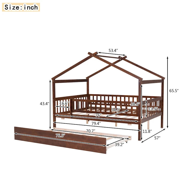 Lit cabane en pin pleine taille avec lit gigogne double
