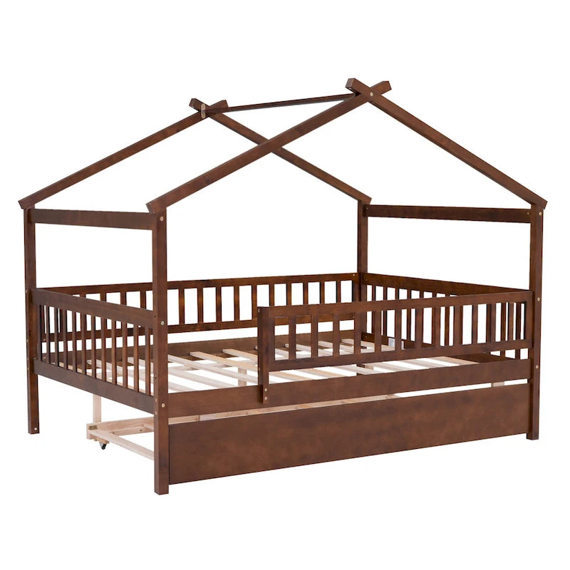 Lit cabane en pin pleine taille avec lit gigogne double