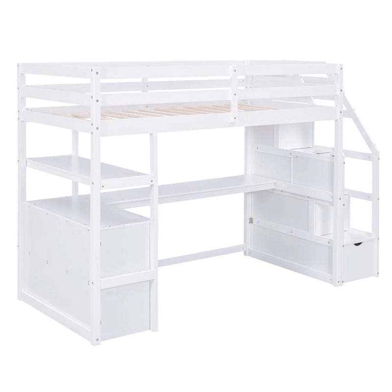 Lit mezzanine en bois massif avec bureau, étagères et tiroirs de rangement