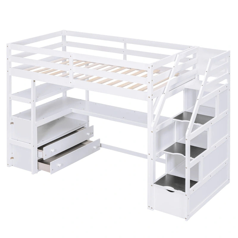 Lit mezzanine en bois massif avec bureau, étagères et tiroirs de rangement