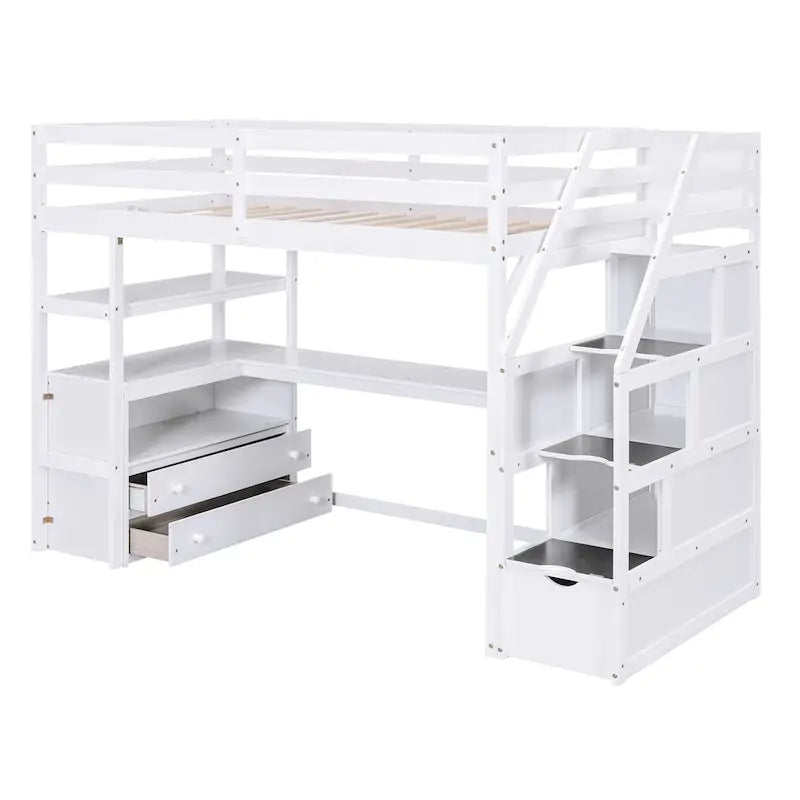 Lit mezzanine en bois massif avec bureau, étagères et tiroirs de rangement