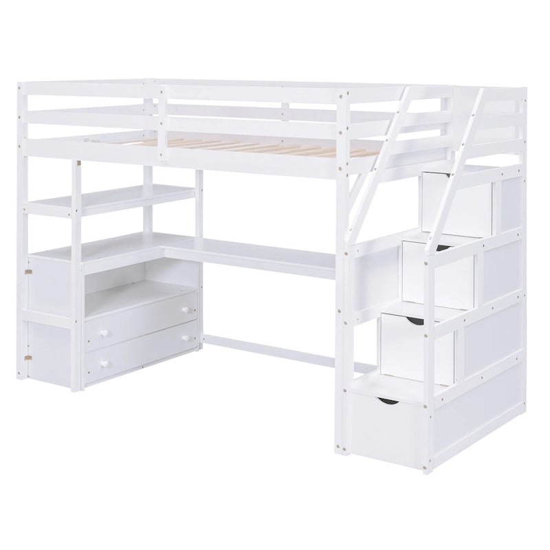 Lit mezzanine en bois massif avec bureau, étagères et tiroirs de rangement