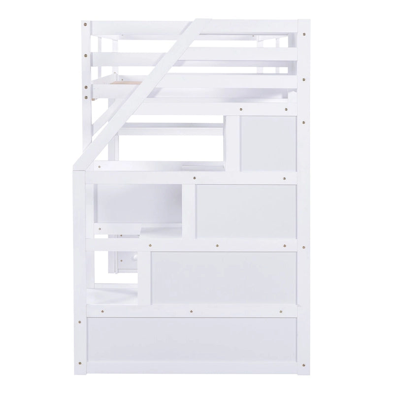 Lit mezzanine en bois massif avec bureau, étagères et tiroirs de rangement